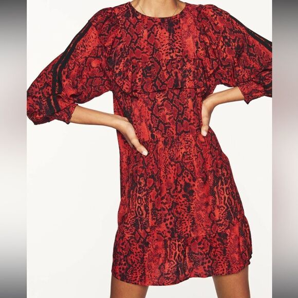 ba&sh Sym Red‎ Snakeskin Print Ruffled Crepe Mini Dress Size XS - Picture 1 of 9